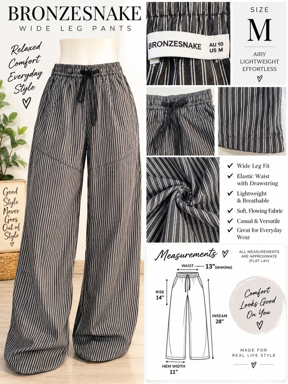 🖤 BRONZESNAKE Striped Wide-Leg Pants — Size M